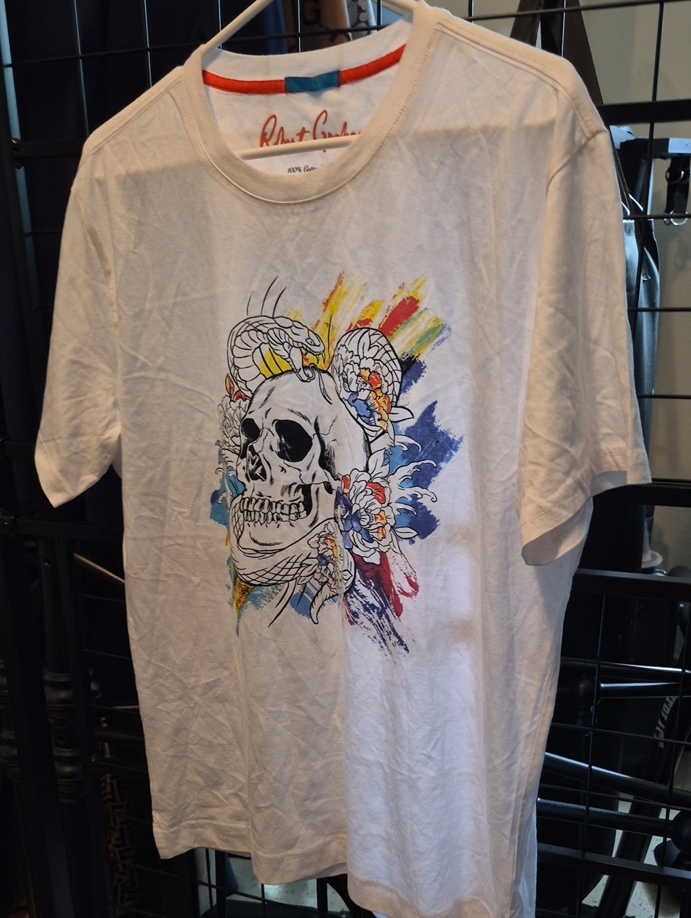 Robert Graham White Short-Sleeve Skull Graphic Tee with Multicolor Accents